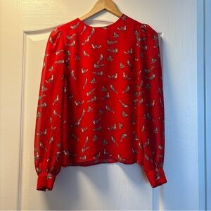 Louche Eunice Red Blouse Frisky Gray Fox Print UK 8 US 4 Office College Preppy